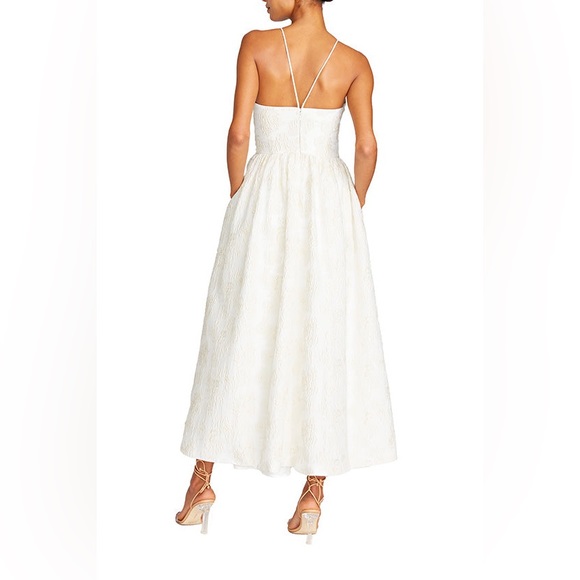 NWT MONIQUE LHUILLIER Spaghetti strap Metallic Jacquard Midi Dress - Ivory - Picture 4 of 16